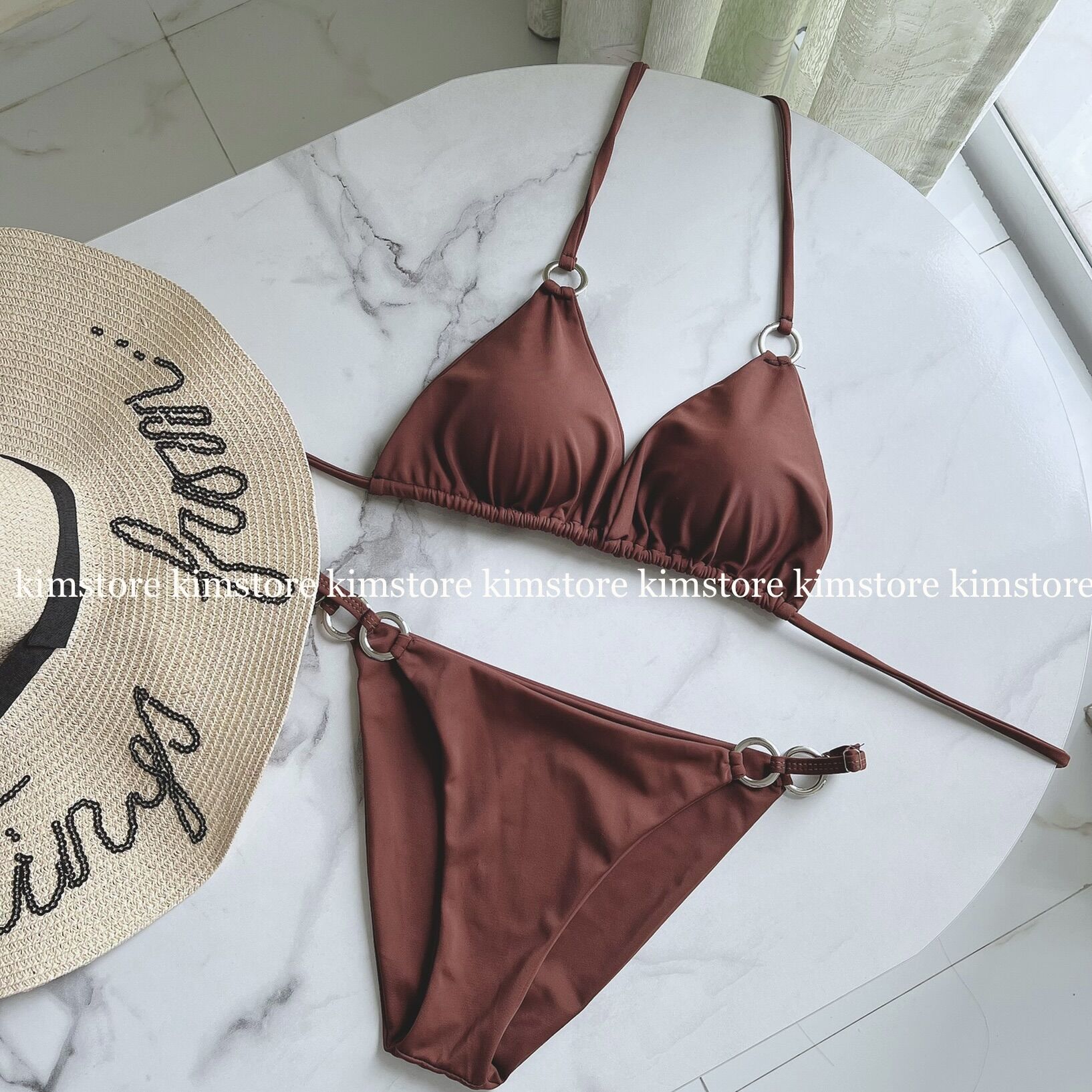 Bikini 2 mảnh phối khoen sang chảnh 2 màu đen/ nâu.