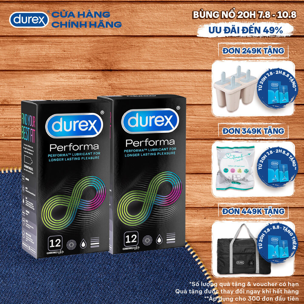  [20H 7-10.8 - Voucher đến 35K] Bộ 2 hộp bao cao su Durex Performa kéo dài thời gian, size 52mm, 12 bao/hộp