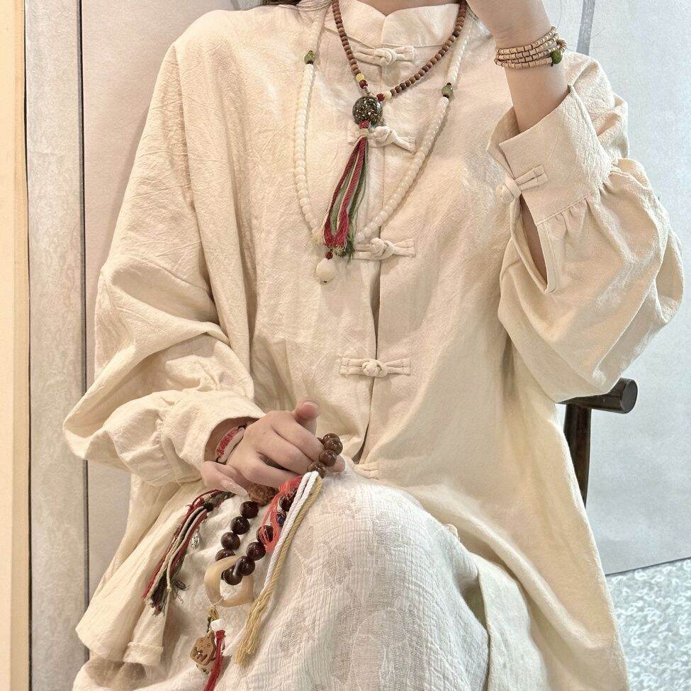 Bộ Đồ Trà Phong Cách Trung Hoa Mới Bằng Vải Lanh Cotton Pure Color Cổ Đứng Tay Thường Không Có Thương Hiệu Quần Áo Nữ