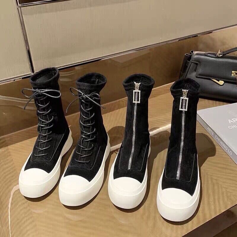 Giày boot nữ nhung pha da lộn có khoá đằng trước nữ ulzzang