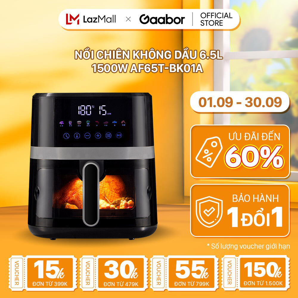 Nồi chiên không dầu 6.5L cảm ứng GAABOR AF65T-BK01A KA công suất 1500W kính trong suốt hỗ trợ lưu công thức - Hàng chính hãng