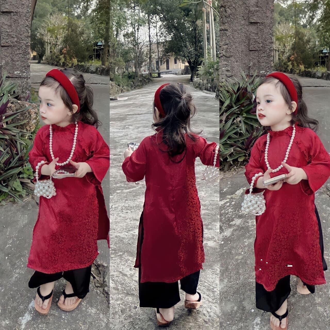 Áo dài gấm kèm cột tóc cho bé siêu xinh