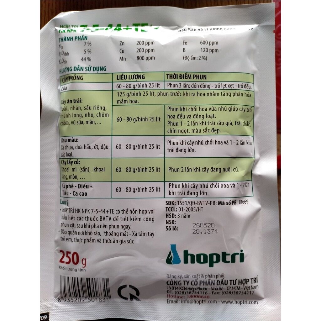 Phân bón NPK HK 7-5-44 + TE Hợp Trí 250gr