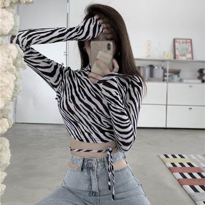 áo croptop kiểu vằn dây buộc tay dài