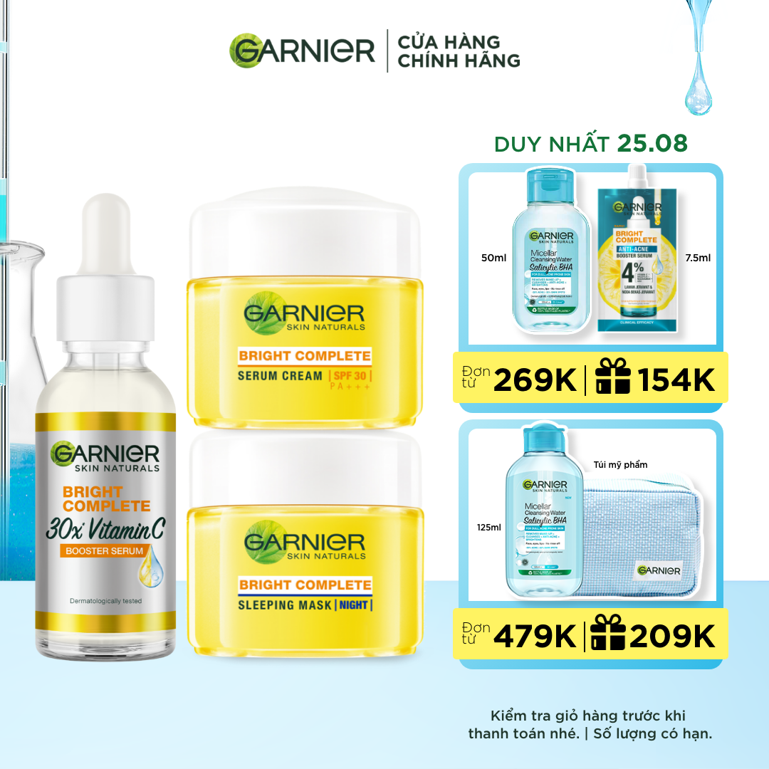 Bộ đôi tinh chất và kem dưỡng da ngày đêm làm sáng đều màu da chỉ từ 3 ngày Garnier Bright Complete 30X Vitamin C Booster Serum (30ml x 18ml x 18ml)