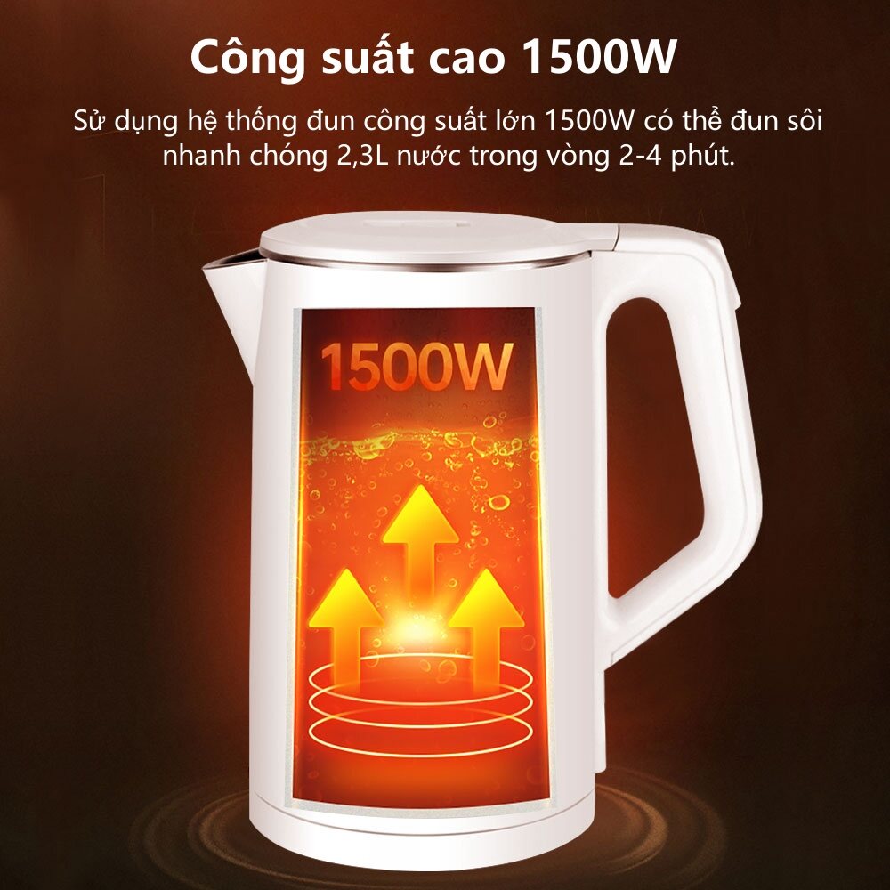 Swokii ấm đun nước siêu tốc, 2.3L ấm siêu tốc, 1500W bình đun nước siêu tốc, lót inox 304, bình siêu tốc, với chức năng tự động tắt và bảo vệ đun sôi khô, Thiết kế cách nhiệt hai lớp