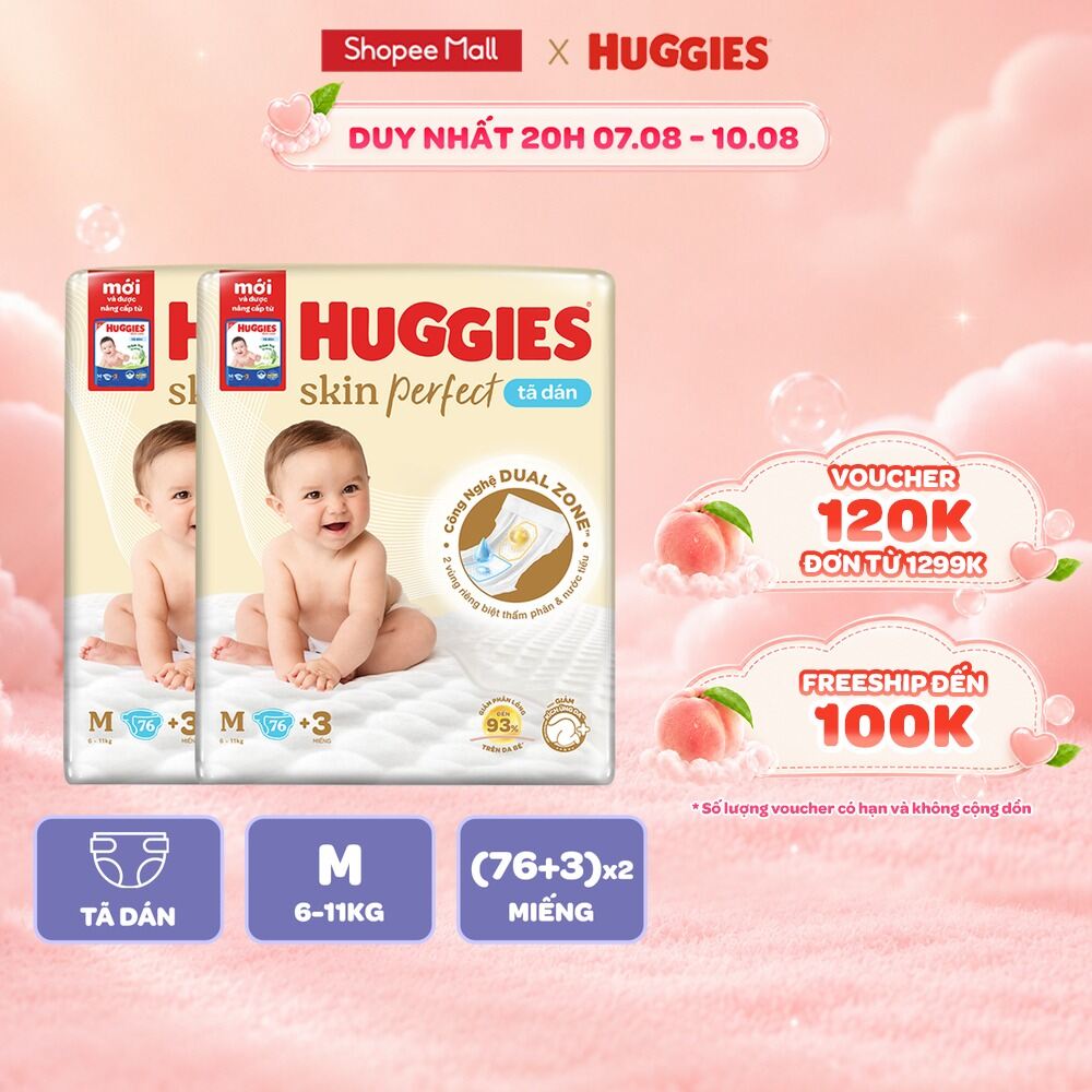 Combo 2 Tã Dán Sơ Sinh Huggies Skin Perfect NB40/NB70/S54/S80/M76 Với 2 Vùng Thấm Giảm Kích Ứng Da