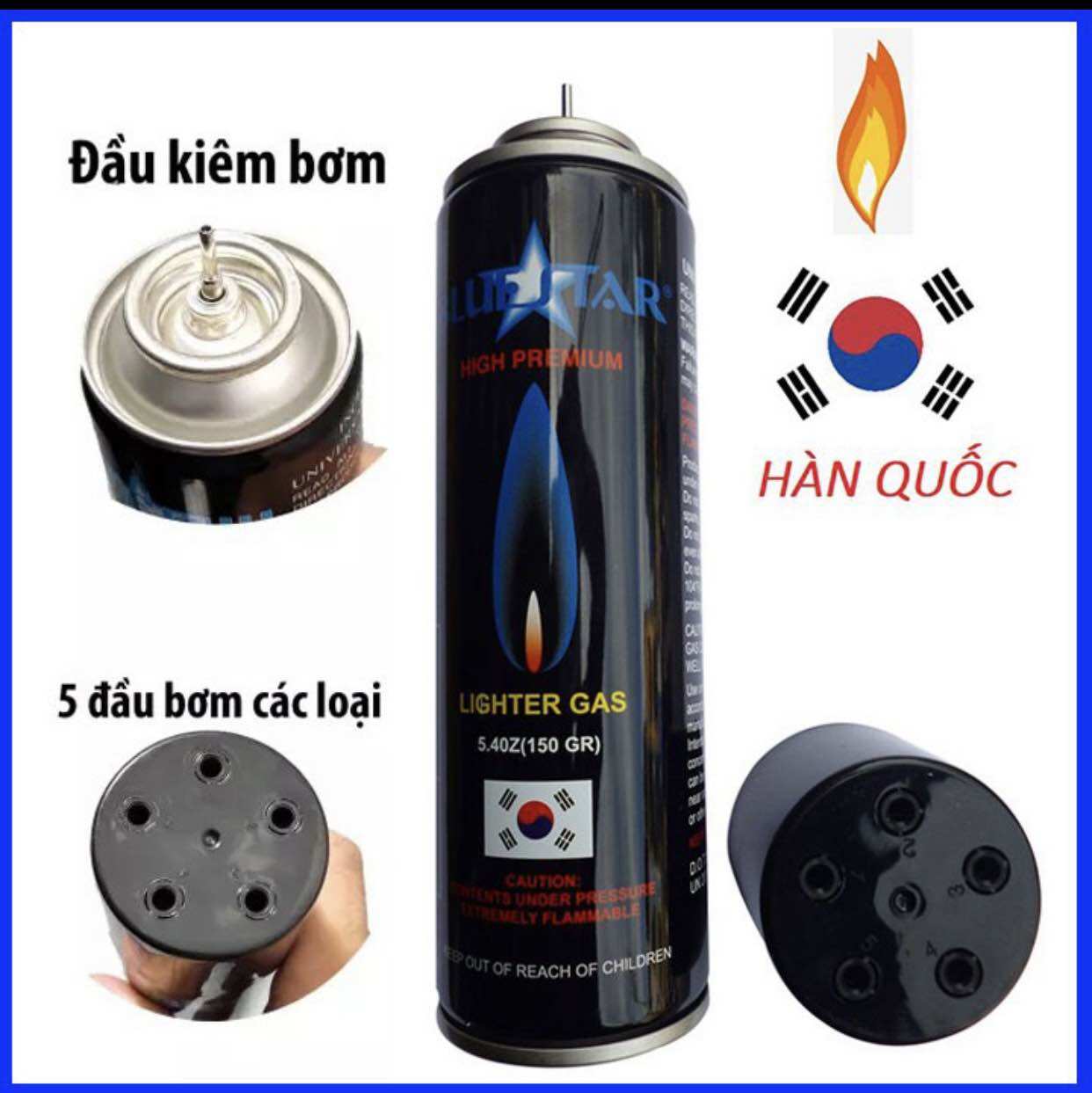 Bình bơm gas blue star bật lửa hàn quốc - Dùng cho các loại bật lửa - Tặng kèm 5 đầu bơm