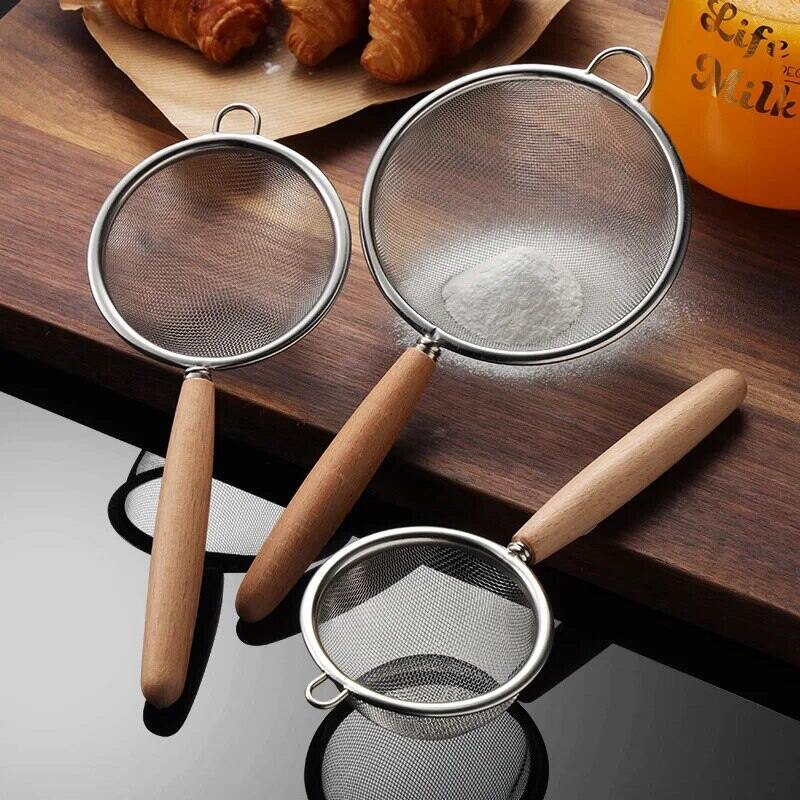 Thìa Lưới Thép Không Gỉ 304 Có Tay Cầm Bằng Gỗ Hộ Gia Đình Dụng Cụ Nhà Bếp Cho Chiên Thực Phẩm Dầu Và Bột Lọc