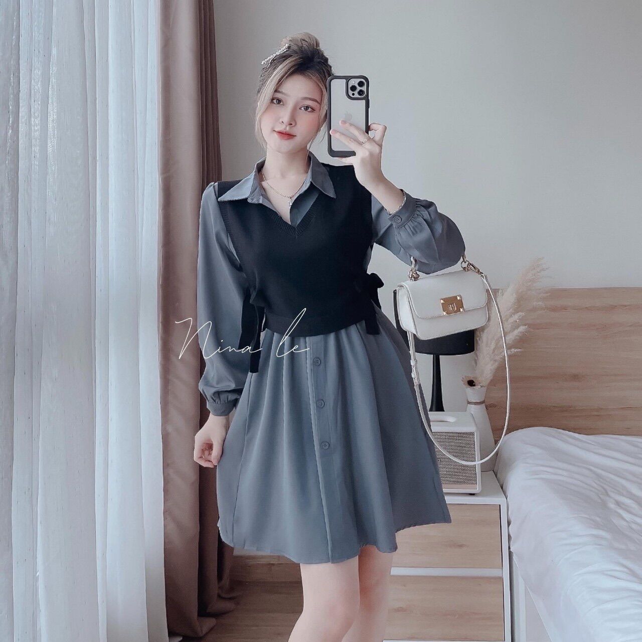 [Ảnh thật] 50-95kg Bigsize ĐẦM SƠ MI PHỐI ÁO GHILE