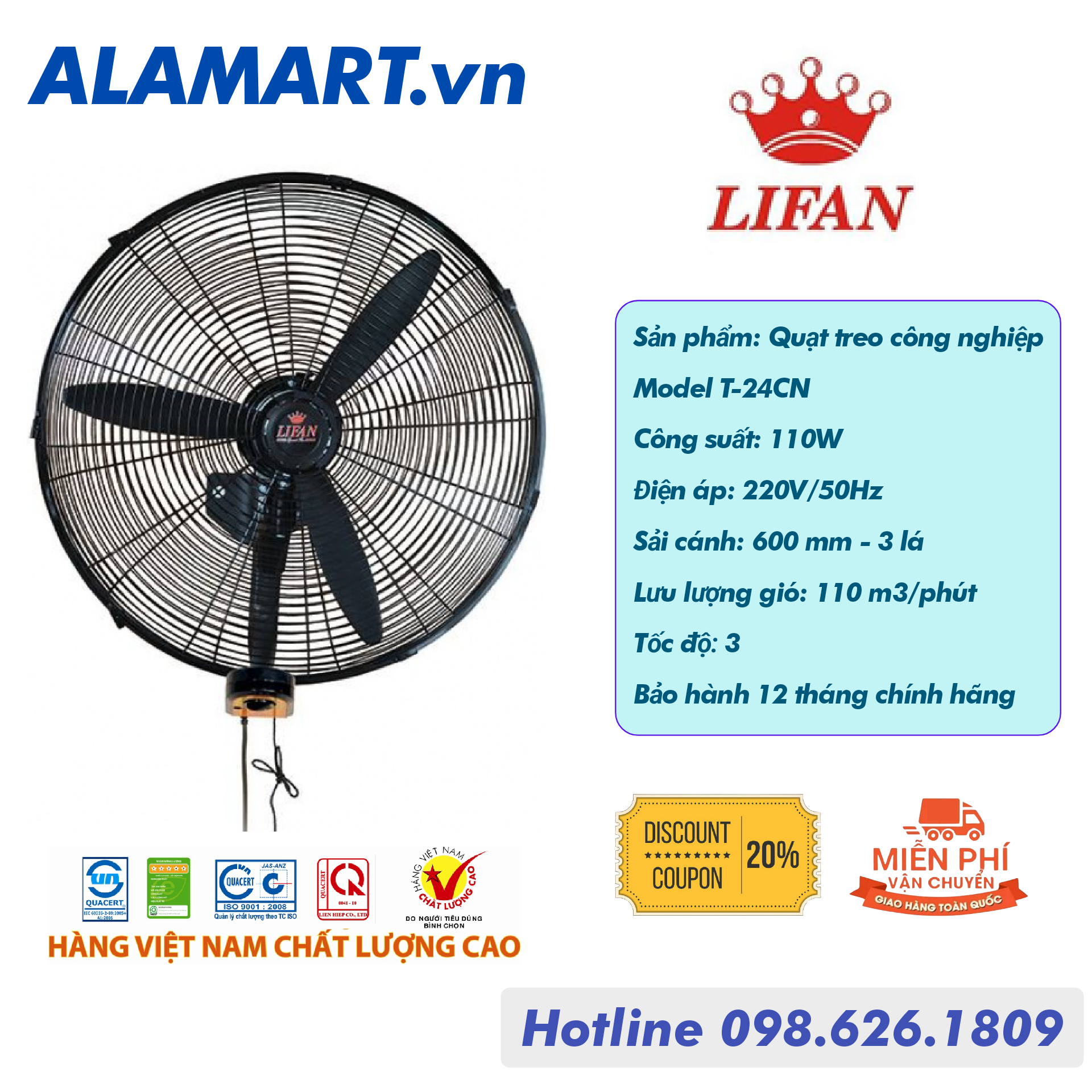 Quạt treo công nghiệp Lifan T-24CN động cơ dây đồng 110W sải cánh 600mm lưu lượng gió lớn