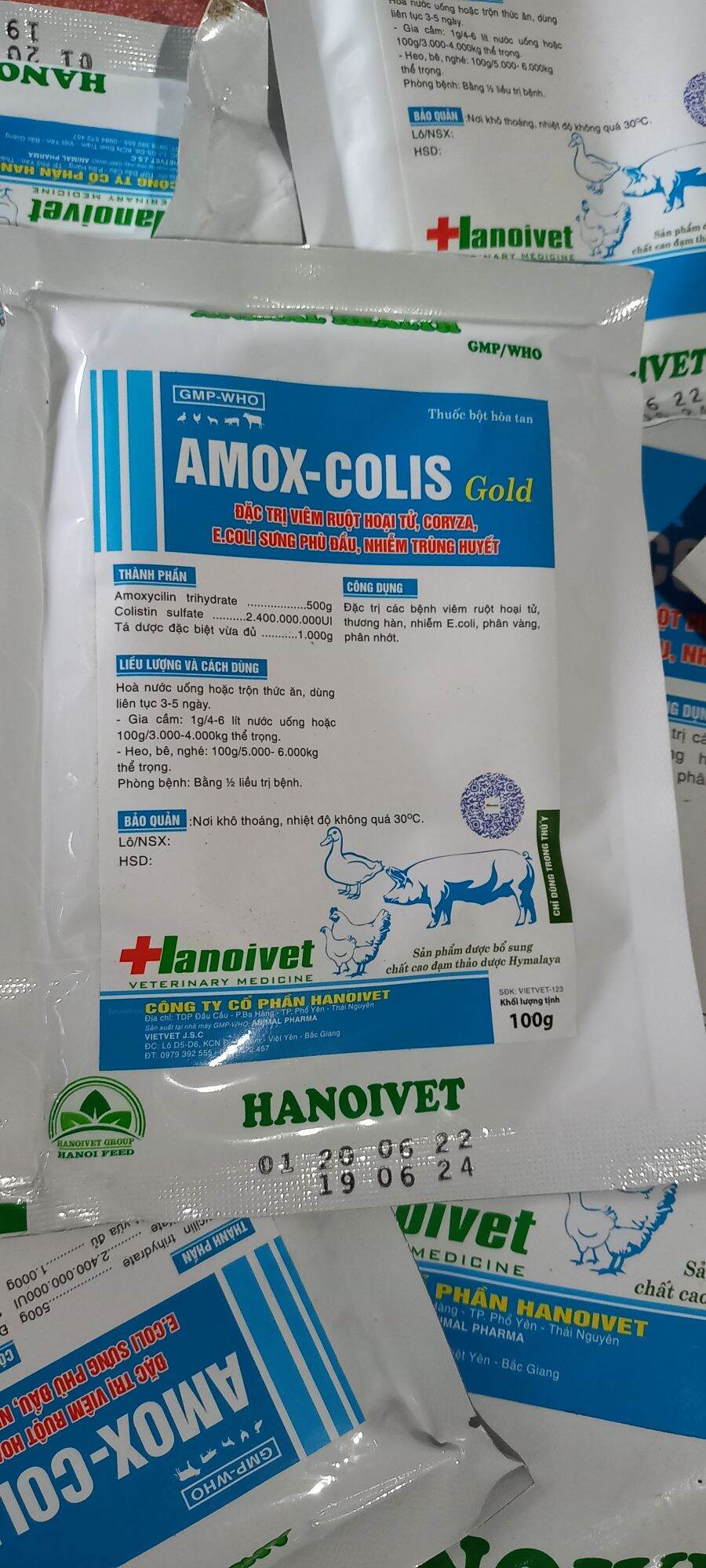 Amox-colis gold 100g Viêm ruột hoại tử, Cozya, E.coli sưng phù đầu