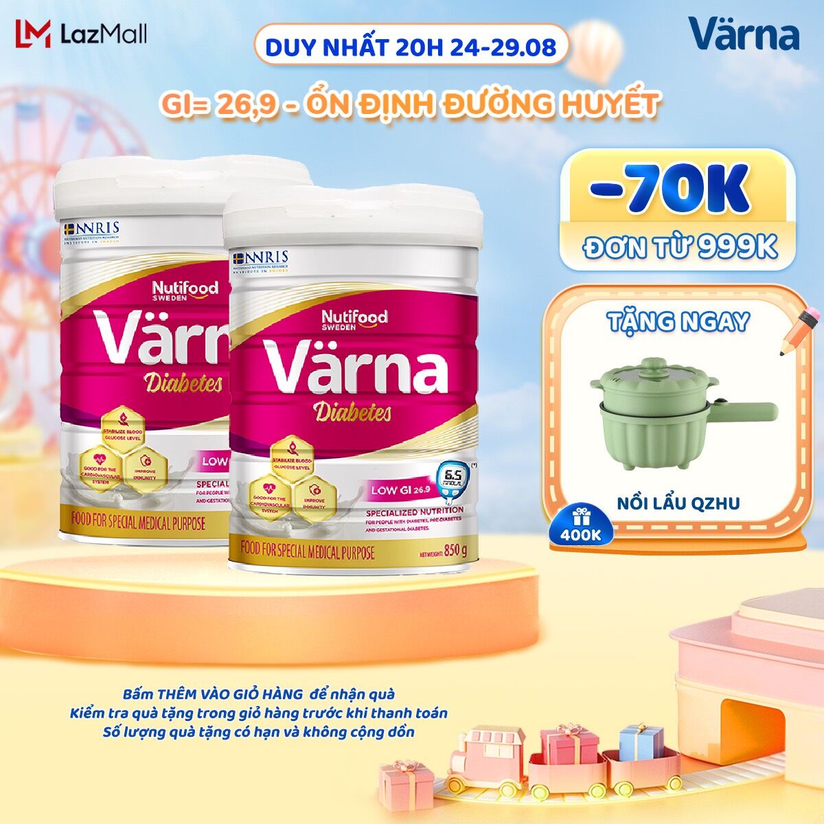 Bộ 2 Lon sữa bột Värna Diabetes Lon 850g - Ổn định đường huyết - Varna