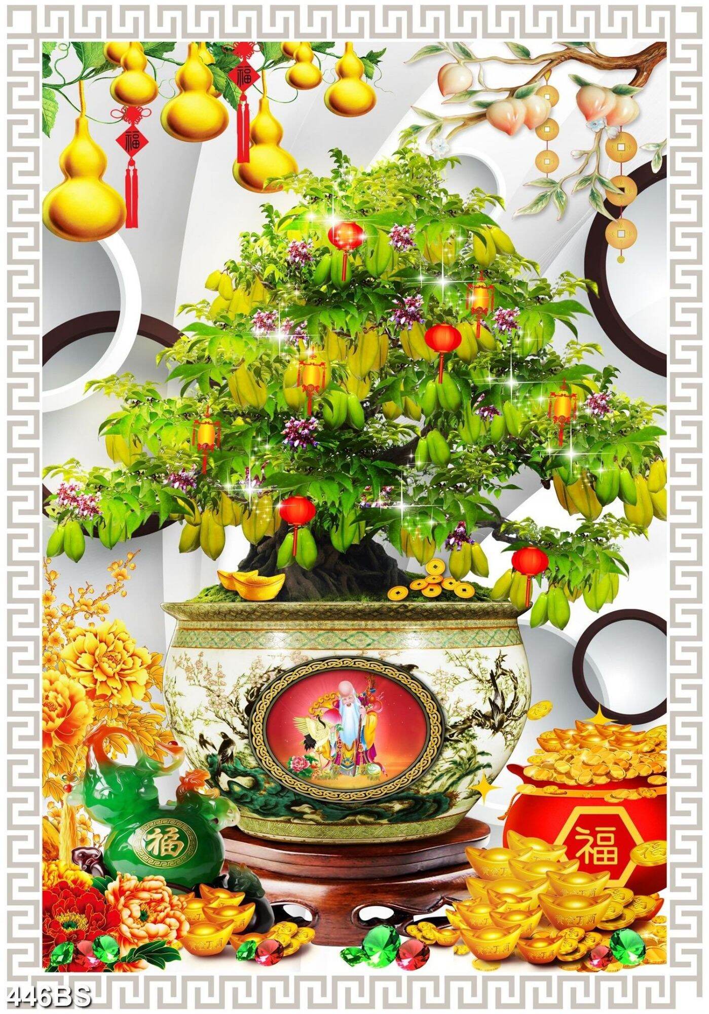 Tranh dán tường 3d chậu bonsai cây khế 446bs - tranh chậu hoa chưng tết