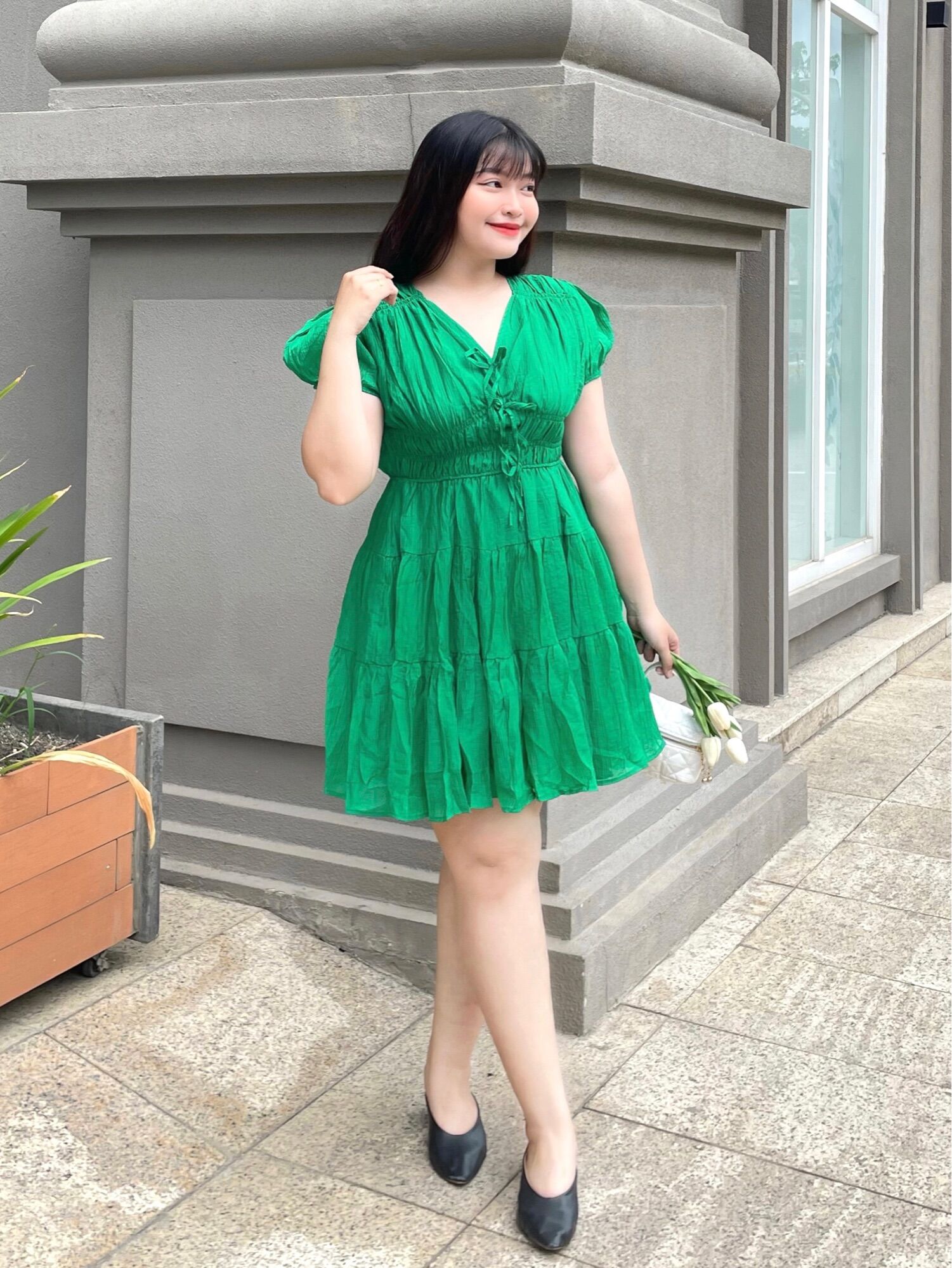 OOTD BIGSIZE | Đầm tơ cổ V đính nơ chun eo