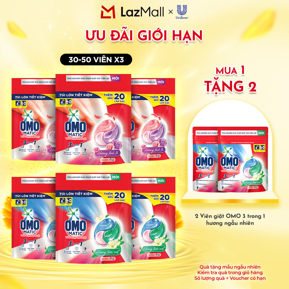 (Livestream) - Combo 3 túi viên giặt tiện lợi OMO 3 trong 1 Hương Tinh Tế/Tươi Mát 30-50 viên/túi (bao bì tùy lô nhập hàng)