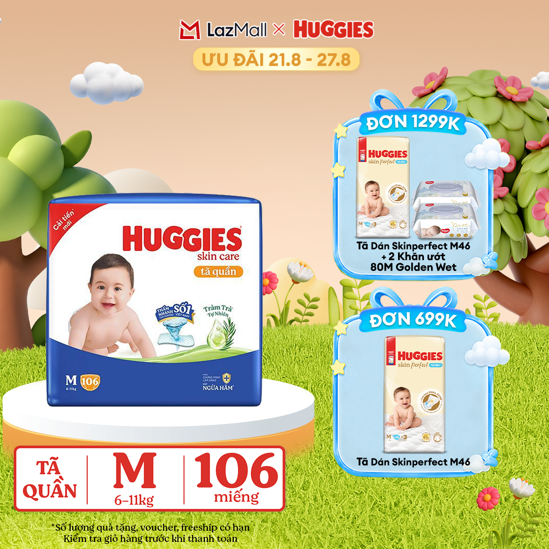[17-24.08 GIẢM THÊM 90K]  Gói Tã/bỉm quần HUGGIES SKINCARE MEGA JUMBO size M 102+4 miếng