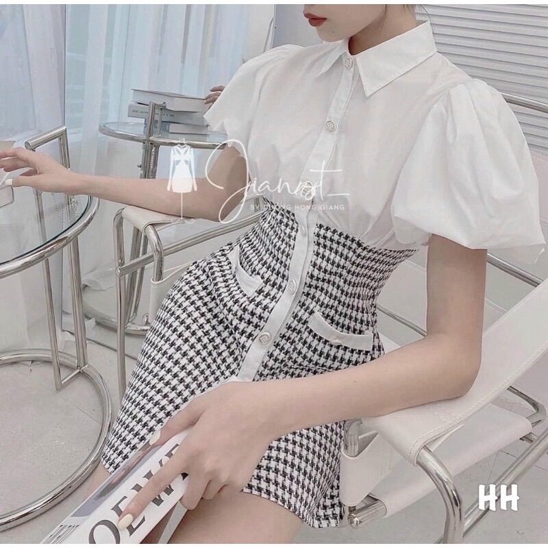 Đầm bigsize nữ dự tiệc sơ mi tay phồng caro cài nút dáng chữ a