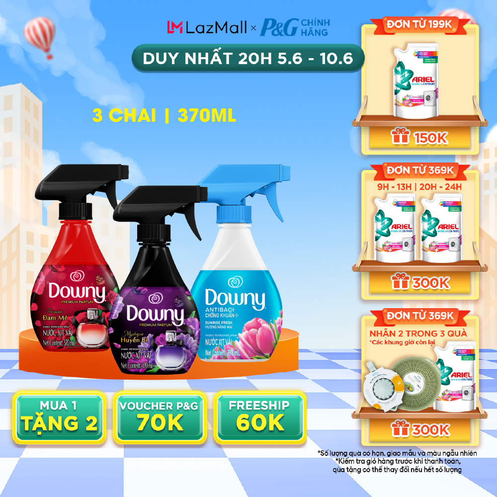 Combo tiết kiệm 3 xịt vải downy hương nắng mai, huyền bí và đam mê chai 370ml x3