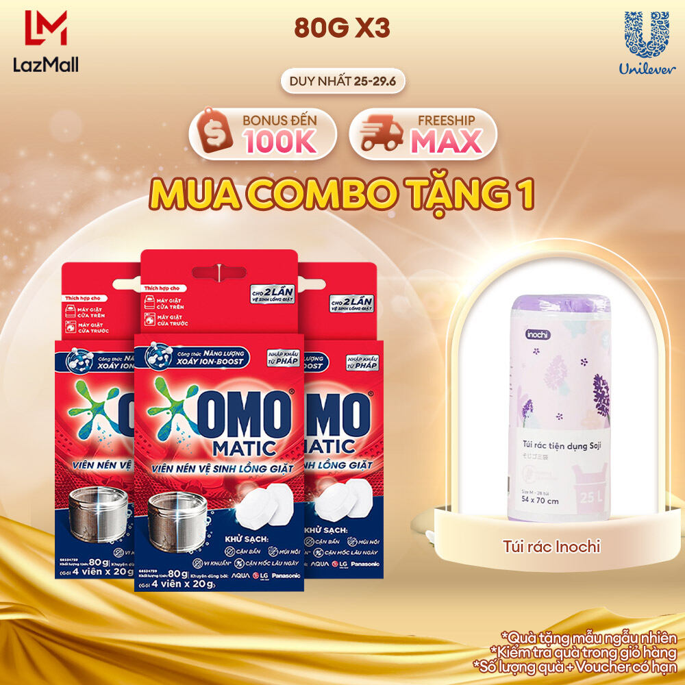 Combo 3 hộp Viên nén vệ sinh lồng giặt OMO Matic nhập khẩu từ Pháp loại bỏ căn bẩn, mùi hôi, vi khuẩn, 3 x 80g
