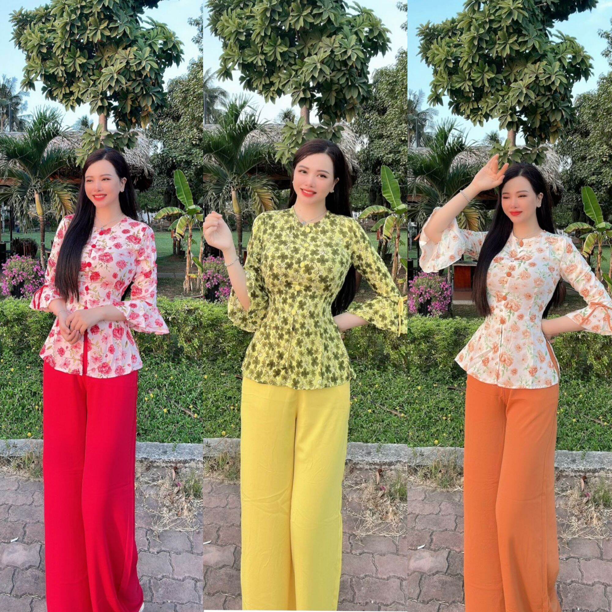 Bộ bà ba cổ tròn tay loe nút bọc vải