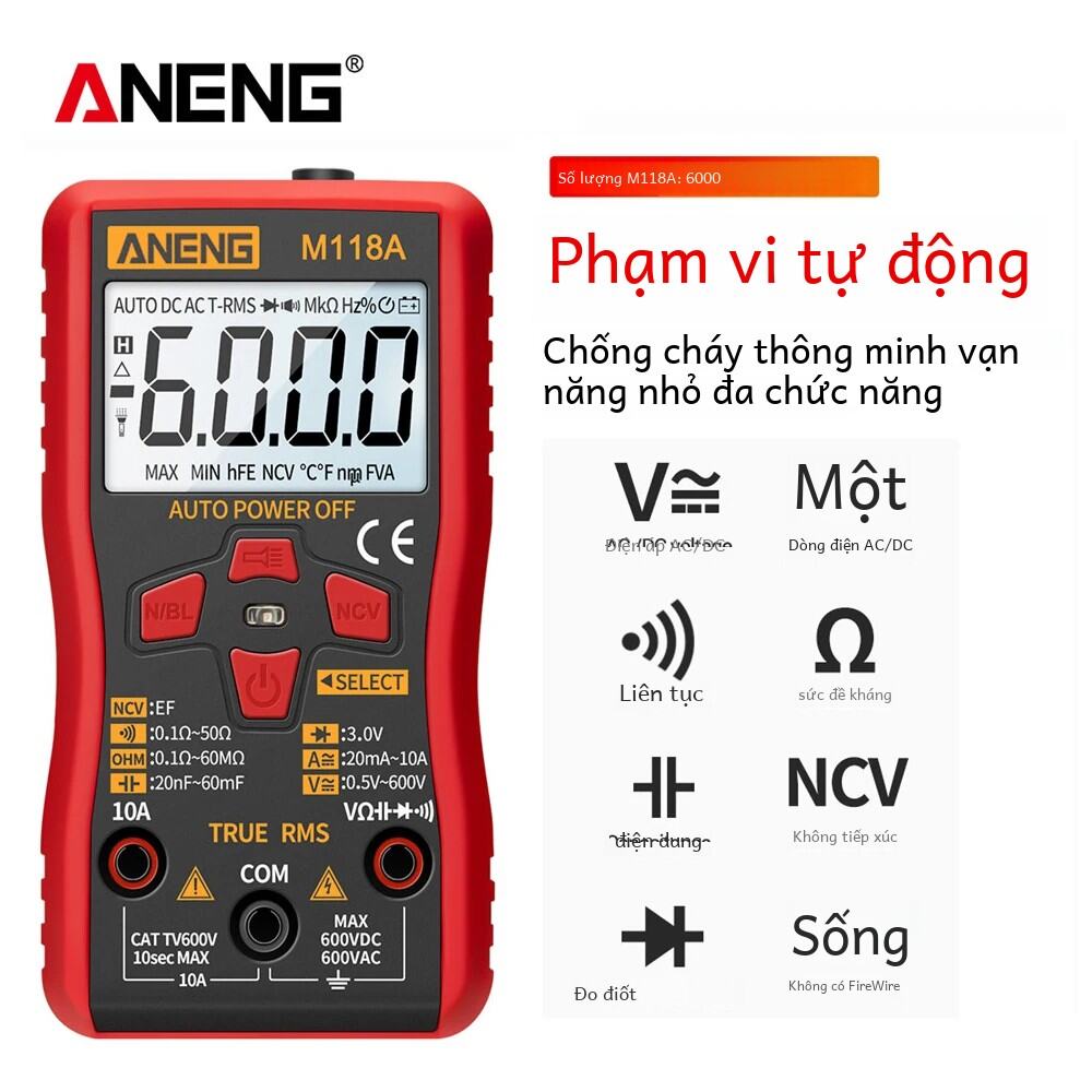 Đồng Hồ Vạn Năng Mini Kỹ Thuật Số Aneng M118a 6000 Đếm True Rms Điện Áp Và Bộ Kiểm Tra Dòng Điện Ac/dc Với Chức Năng Giữ Dữ Liệu Ncv