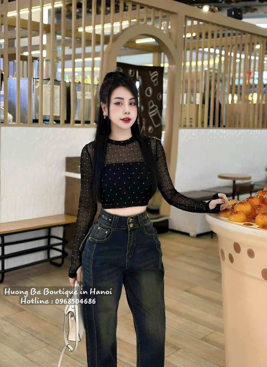 Áo Croptop Phối Lưới Đính Đá Tay Dài Cổ Tròn