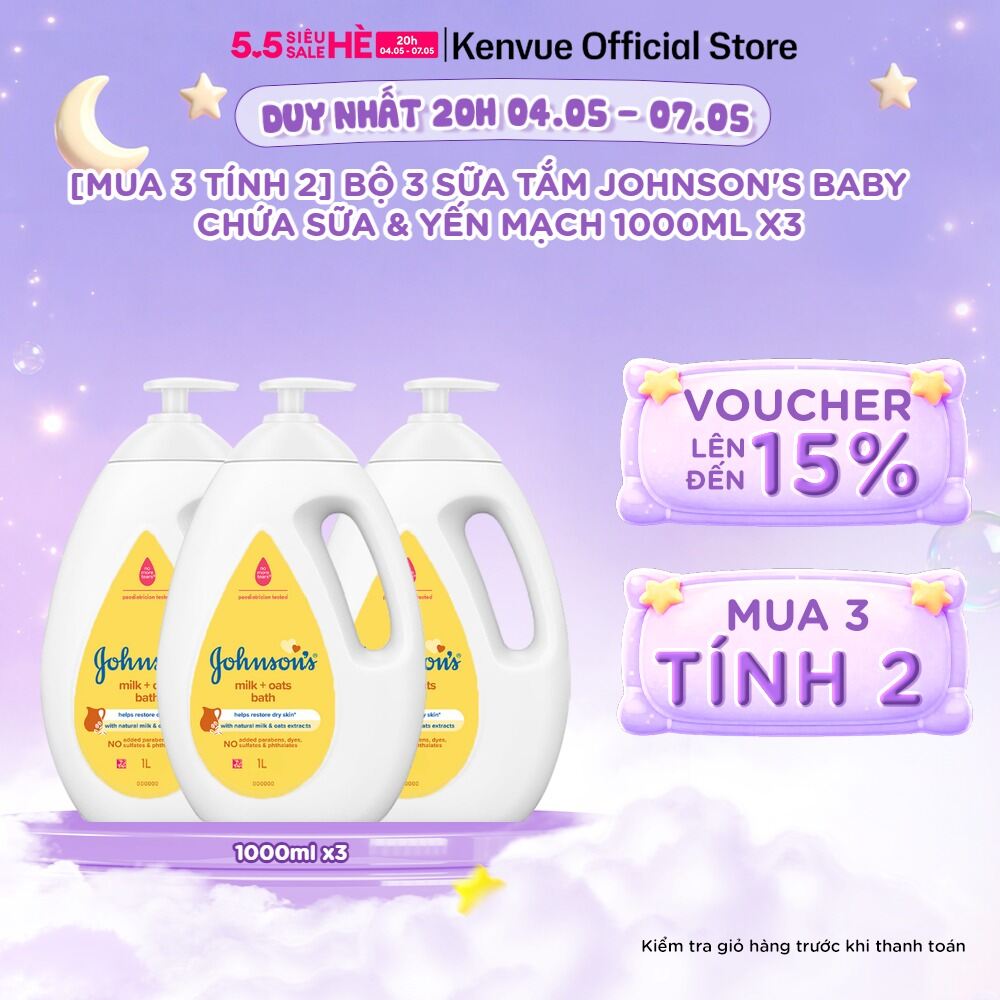 [Mua 3 tính 2] Combo 3 Sữa tắm Johnson's Baby Chứa Sữa Gạo  Yến Mạch 1000ml/chai