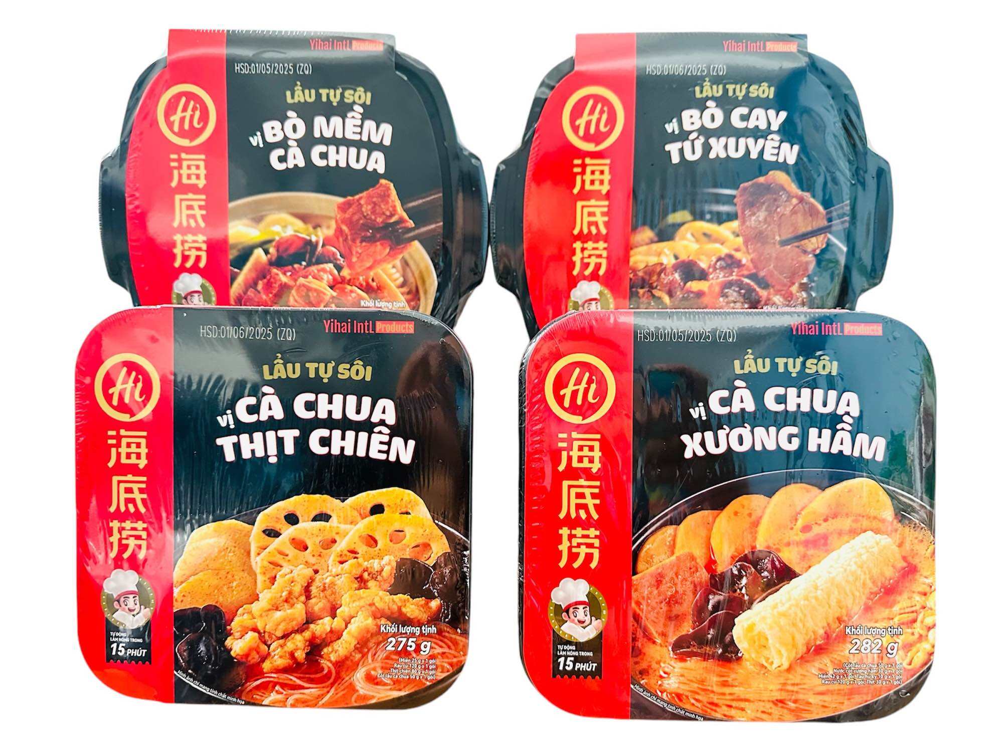 Lẩu Tự Sôi Haidilao siêu tiết kiệm, nhỏ gọn và thơm ngon gồm 4 vị (cà chua thịt chiên, cà chua xương hầm, bò cay tứ xuyên và bò mềm cà chua)