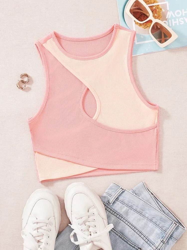 Áo croptop cổ tròn sát nách đan chéo hai màu