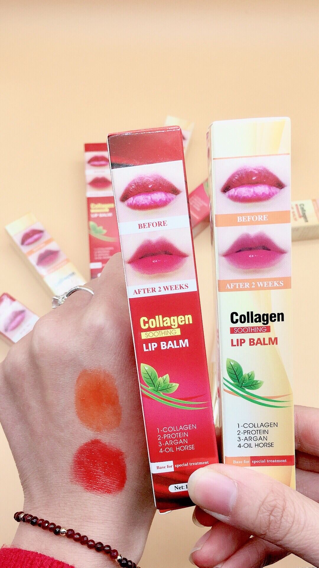 Dưỡng Kích Môi Sau Xăm Colagen Lip Balm Sẵn Màu Đỏ Và Cam