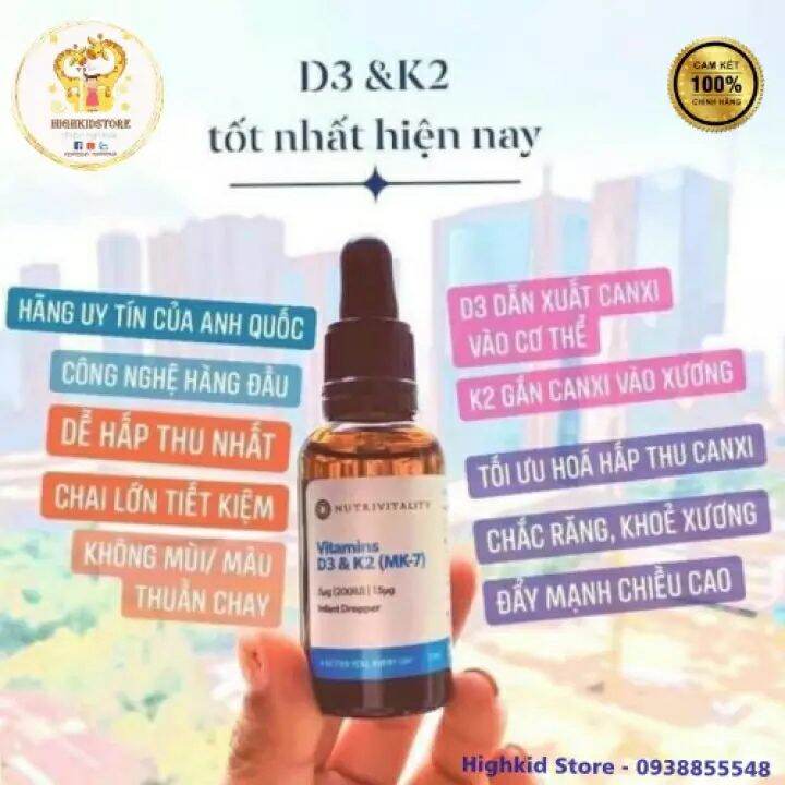 Vitamin K2 D3 MK7 cho bé Nutrivitality Anh 30ml K2D3