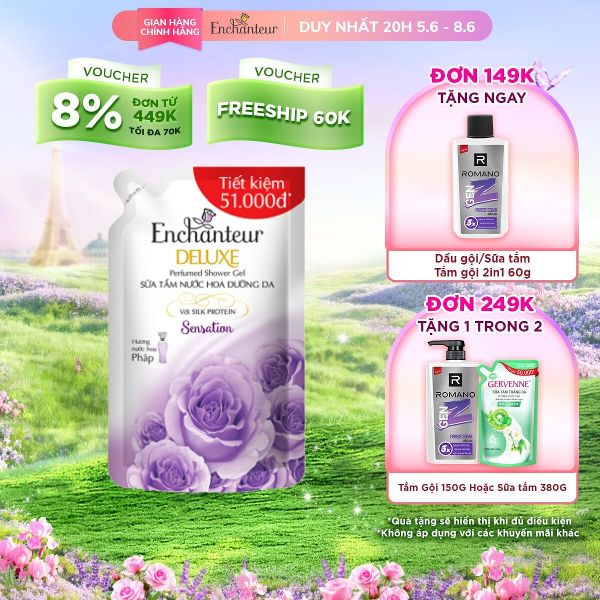 Túi Sữa Tắm hương nước hoa dưỡng da Enchanteur Sensation/Charming 450g/640g