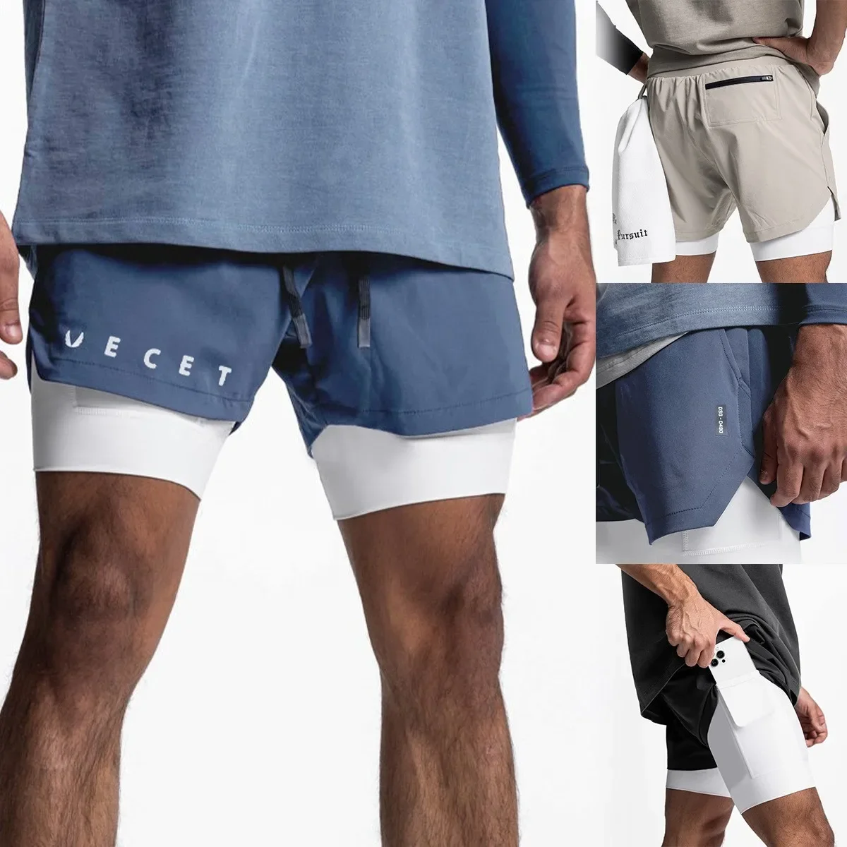 Nam Mùa Hè Thể Dục Thể Thao Quần Short Thể Thao 2 Lớp Thường Ngày Tập Thể Dục Năm Phần Tư Trượt Ván 