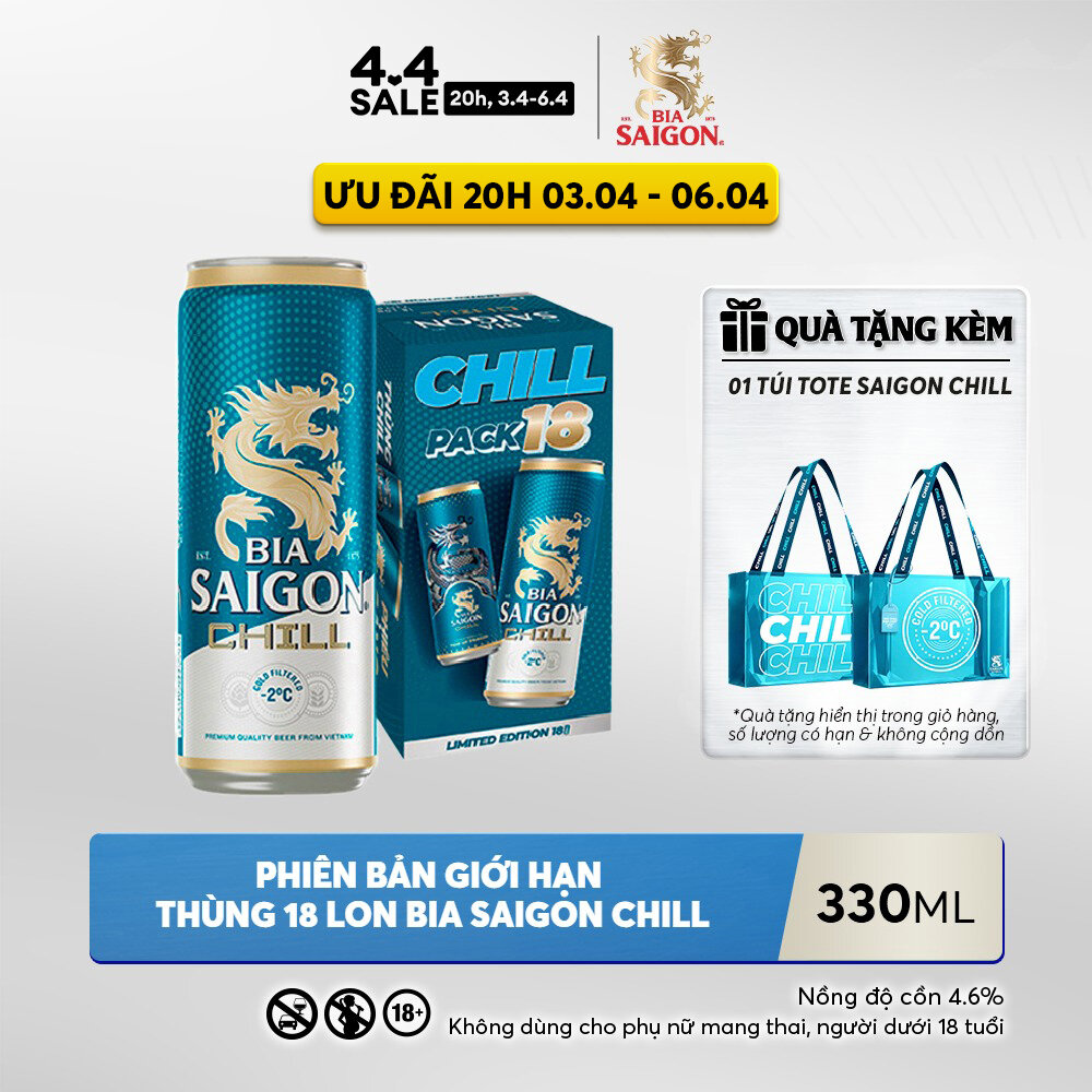 Nồng Độ Cồn 4.6% - Thùng 18 Lon Bia Sài Gòn Chill 330ml