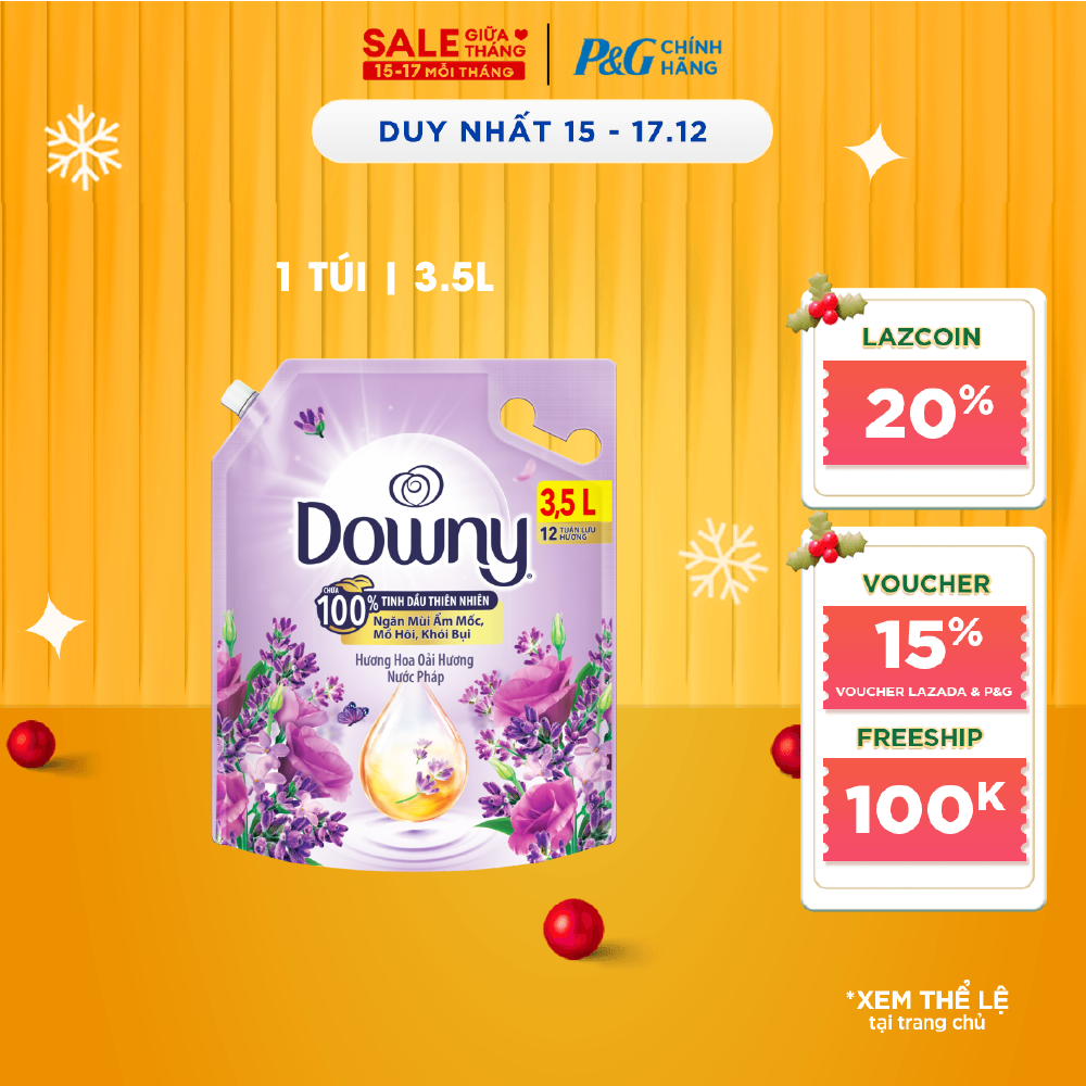 Nước Xả Vải DOWNY Hương Nước Hoa Cao Cấp Bung Toả Hạnh Phúc Oải Hương Dịu Nhẹ Kháng Khuẩn Túi 3.5L