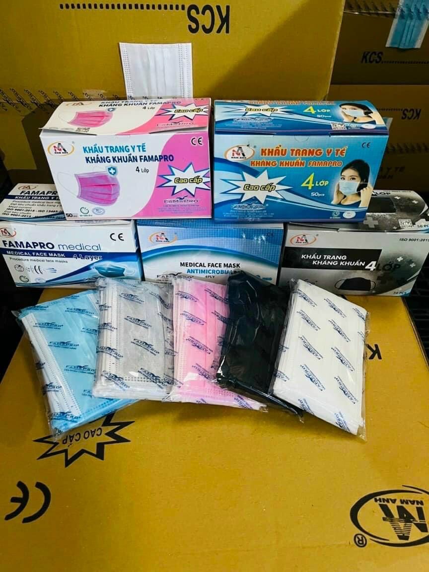 combo 50 hộp Khẩu trang y tế kháng khuẩn Cô gái famapro có 5 màu trắng và xanh , xám , hồng , đen , gồm 4 lớp: