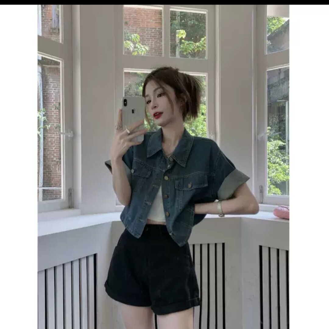 áo sơ mi jean cộc tay chỉ nổi hàn quốc