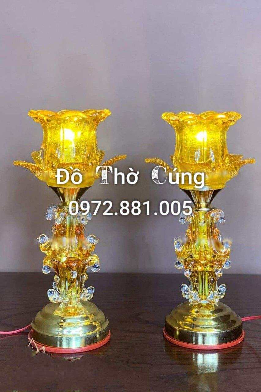 Đèn thờ thủy tinh hoa sen, 1 bông cao 30 cm, Sáng thân