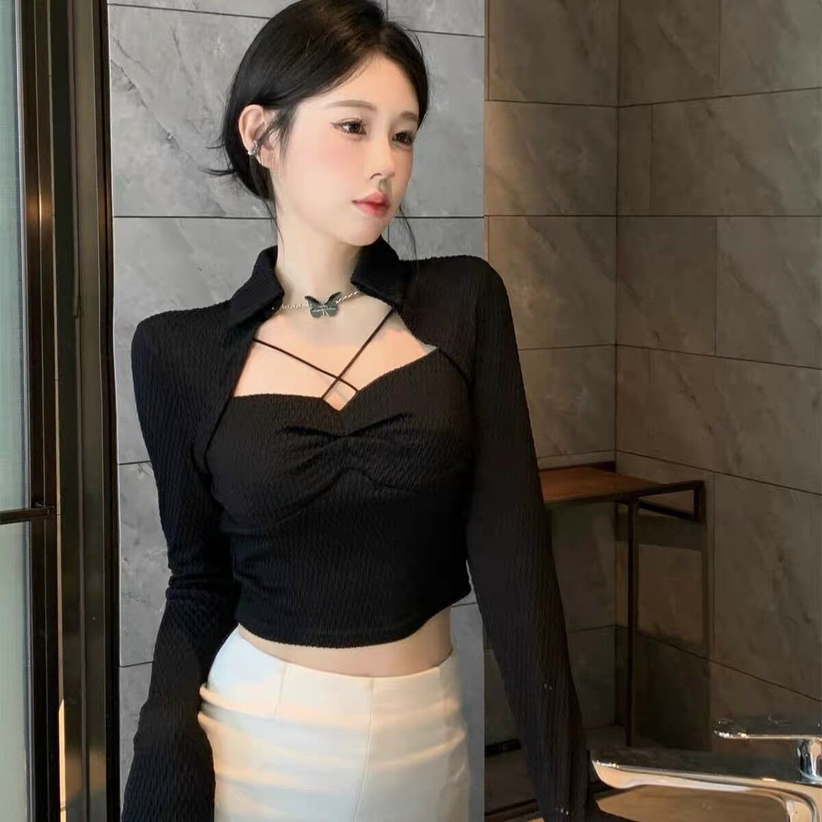 Áo tay dài cổ bẻ kiểu yếm mới BG