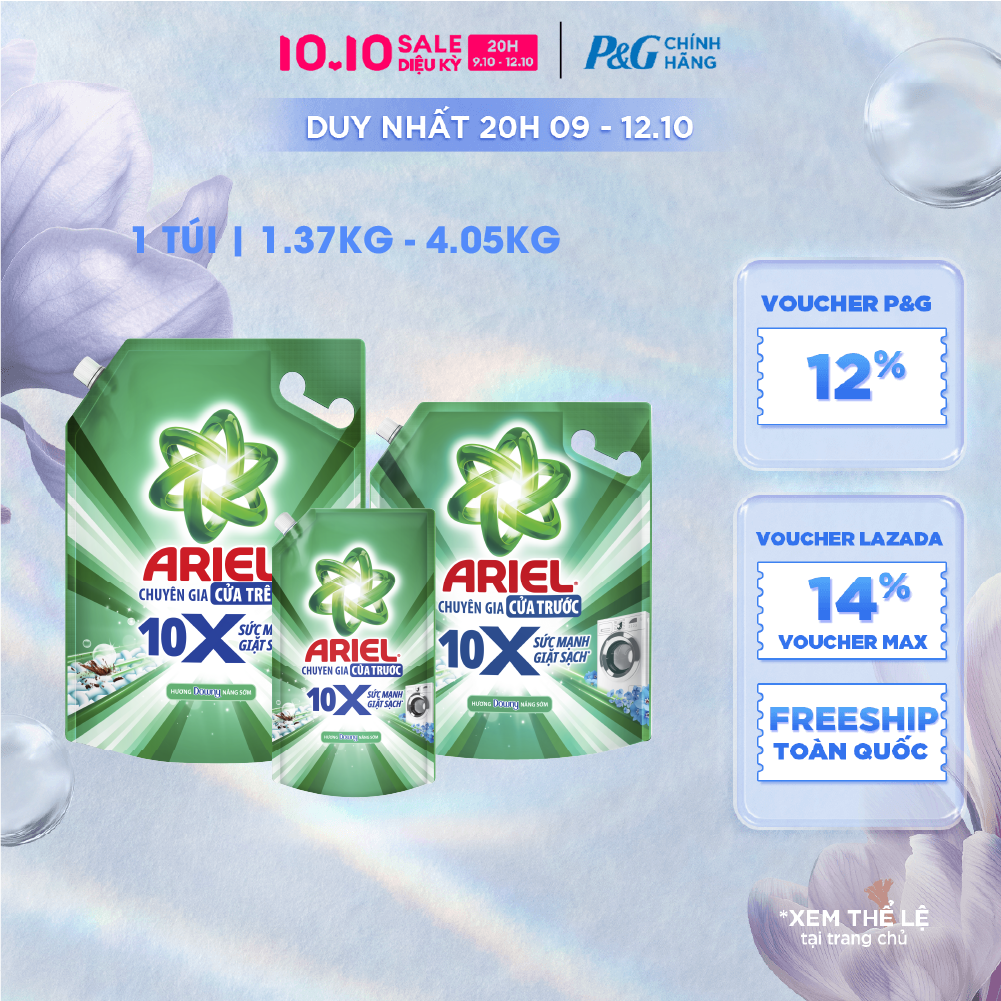 [Voucher 12%] Nước Giặt Gel ARIEL 10X Sức Mạnh Giặt Sạch Chuyên Gia Cửa Trước - Cửa Trên Hương Downy Nắng Sớm Túi 1.37-4.05KG