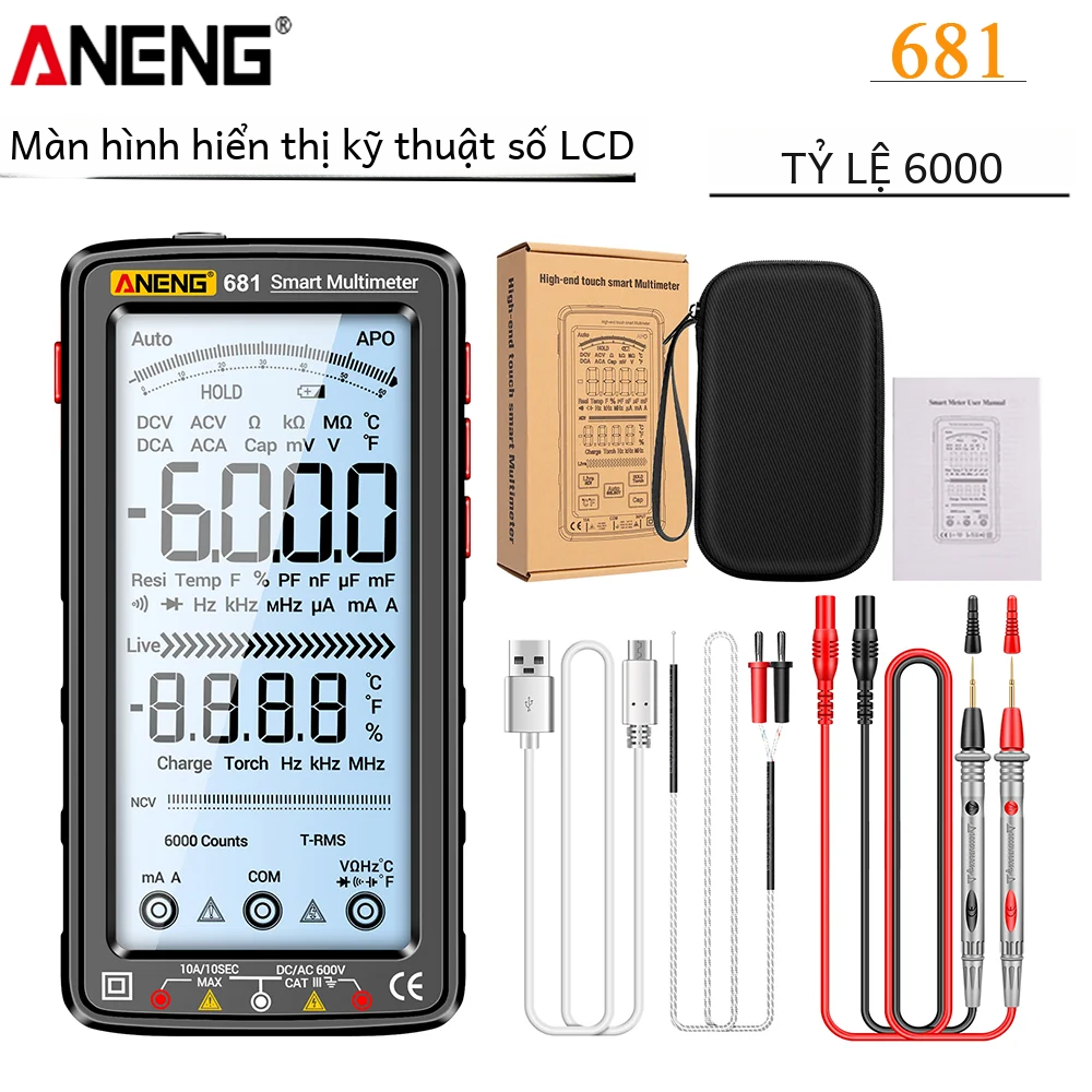 Aneng 683/682/681 Đồng Hồ Vạn Năng Kỹ Thuật Số Màn Hình Cảm Ứng 6000 Đếm Thông Minh Chống Cháy Đa Nă