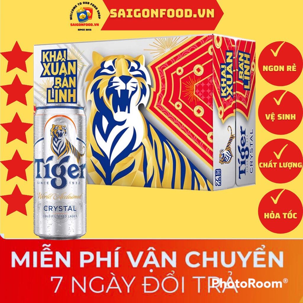 Thùng 24 lon bia tiger bạc crystal 330ml/lon - bao bì xuân