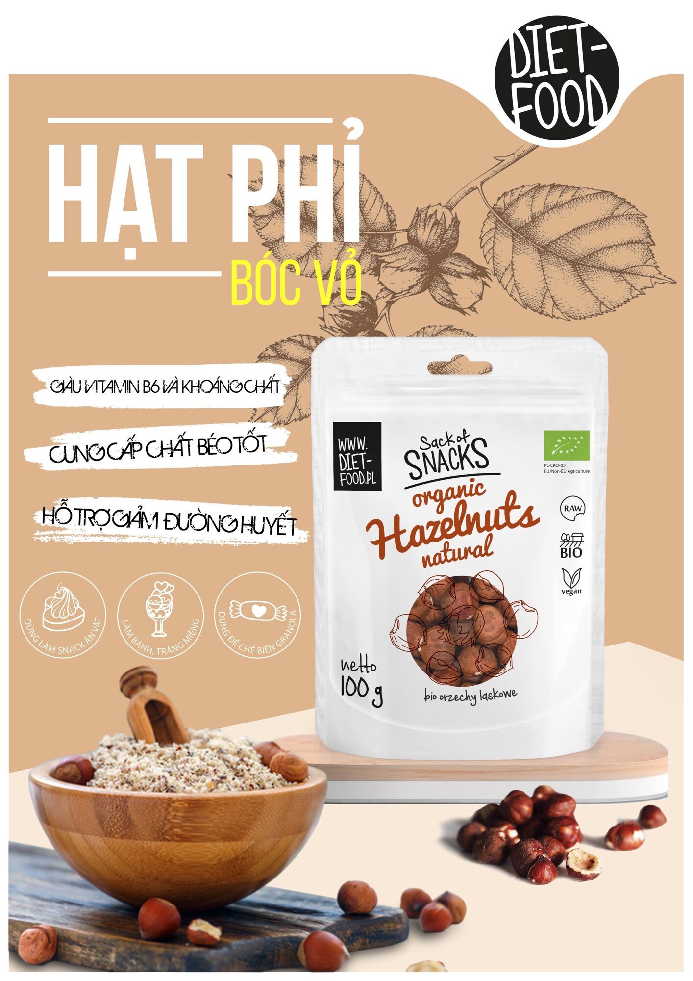 Hạt phỉ tách vỏ hữu cơ diet food - ba lan 100g