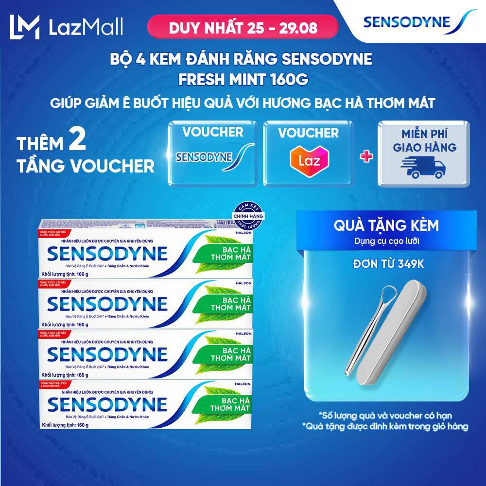 Bộ 4 Kem đánh răng SENSODYNE Fresh Mint 160g giúp giảm ê buốt hiệu quả với hương bạc hà thơm mát