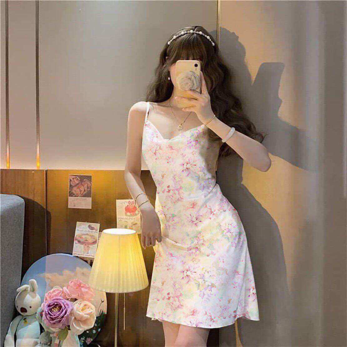 váy lụa cổ đổ , váy ngủ lụa, váy hai dây lụa satin cao cấp