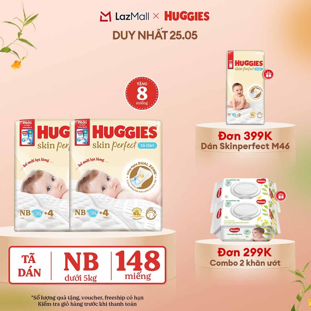 [CHỈ 25-29.05 QUÀ TẶNG ĐƠN 0Đ]  Combo 2 Tã/bỉm dán sơ sinh Huggies Skin Perfect NB70 với 2 vùng thấm giảm kích ứng da (tặng miếng thay đổi theo từng đợt)