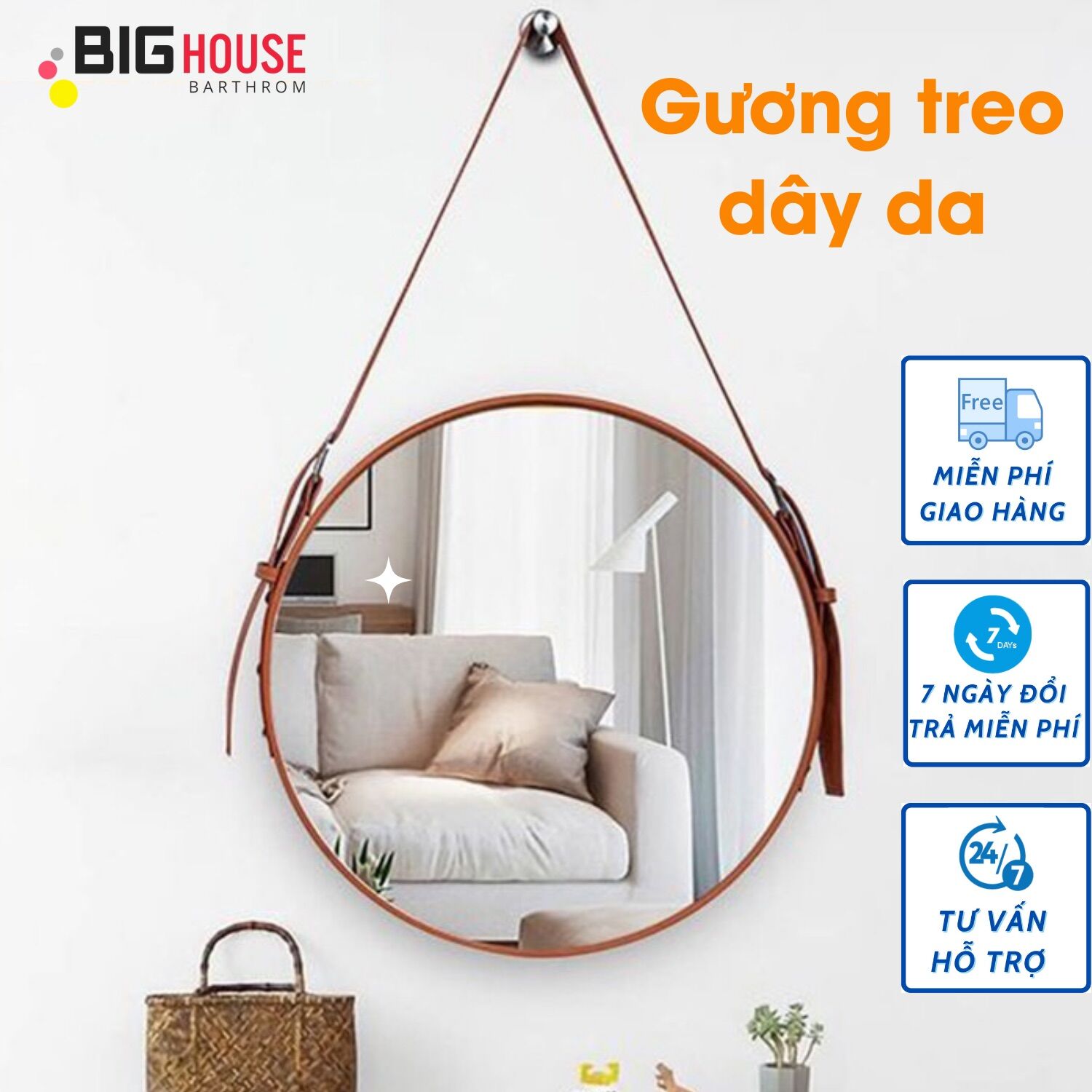 Gương Tròn Viền Dây Da Treo Tường , có kèm móc treo