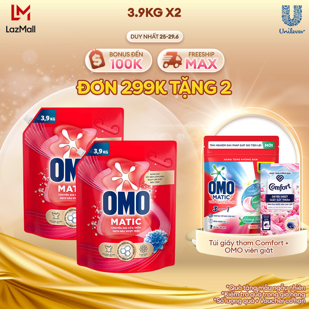 Combo 2 túi Nước giặt OMO Matic Sạch sâu vượt trội, 3.9kg