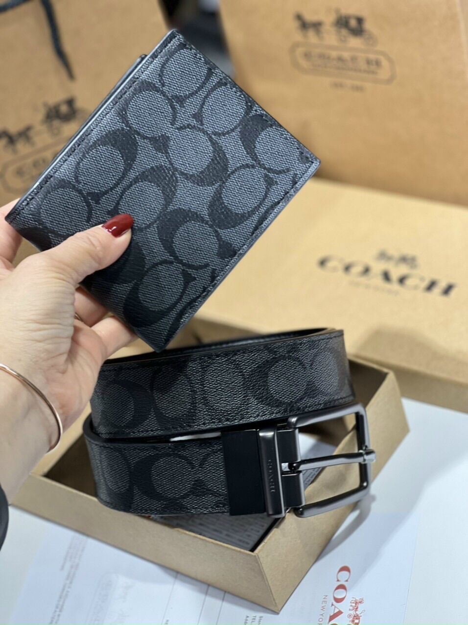 Set thắt lưng ví nam Coach da canvas đẹp fullbox